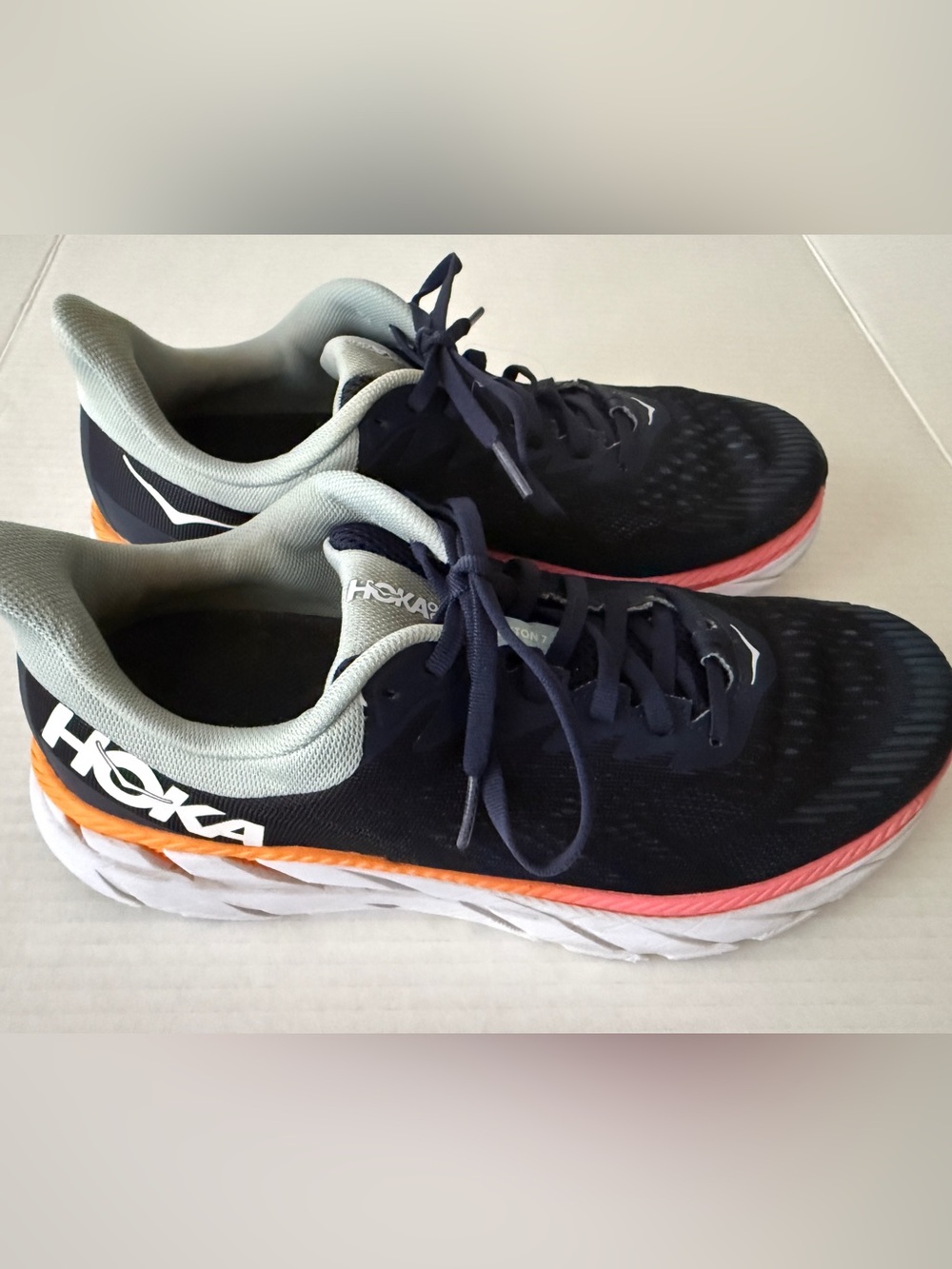 Hoka One One Clifton 7 Running Shoes Navy Blue Lt Blue Orange Women's Size 9.5 D